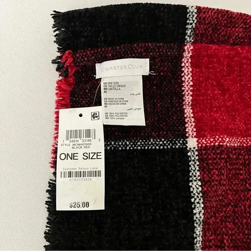Charter Club Chenille Infinity Scarf Black Red Multi Plaid Woven Loop Fringed